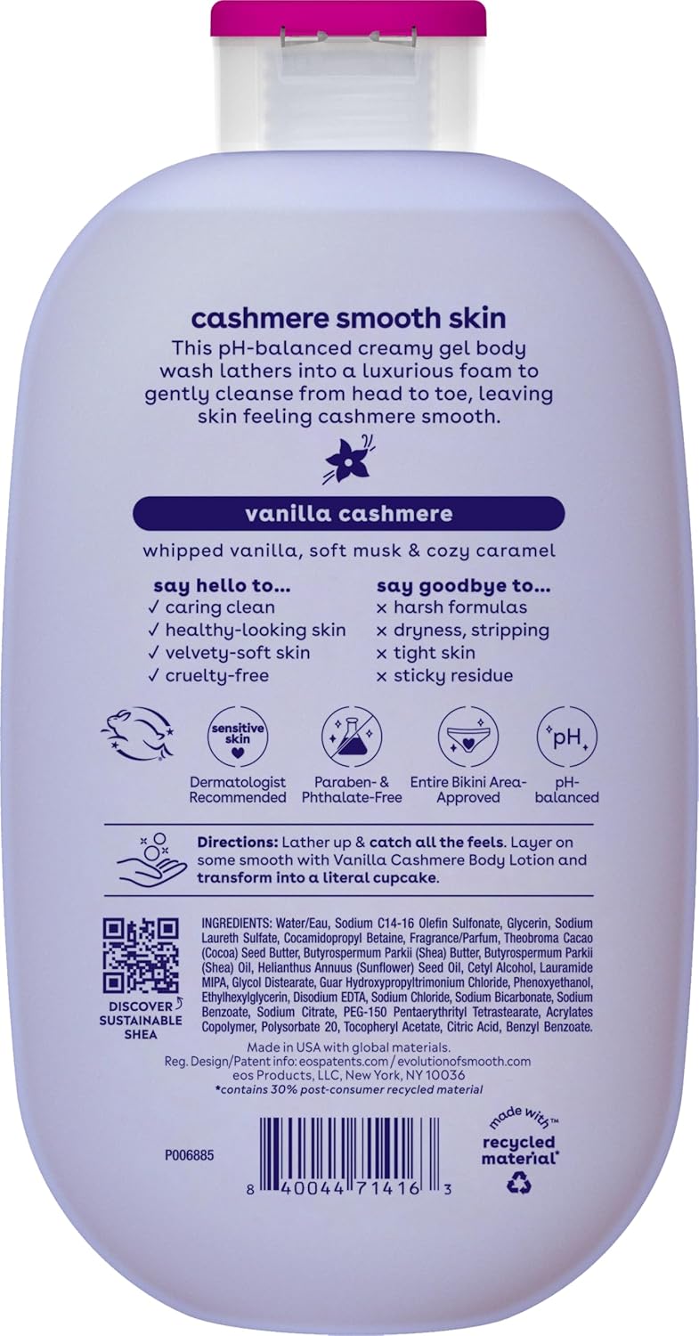 eos Shea Better Cashmere Body Wash, Vanilla Cashmere, Moisturizing, pH Balanced Body Wash, Creamy Gel Formula, Paraben & Phthalate Free, Sensitive Skin, 16 fl oz
