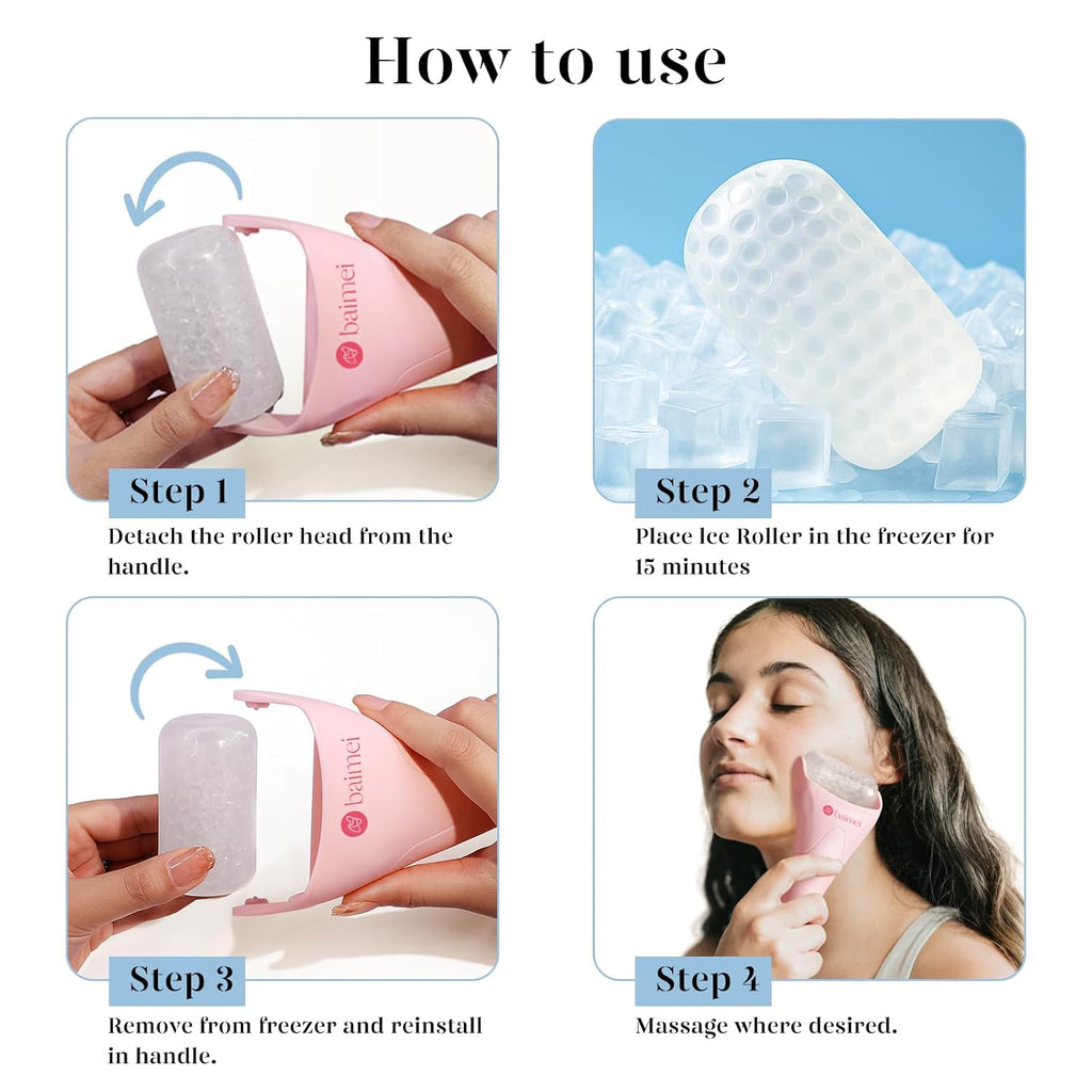 BAIMEI IcyMe Ice Roller for Face and Gua Sha Facial Tool Set, Ice Face Roller Reduces Puffiness Relieves Migraines Skin Care Tools, Self Care Gift for Women - Pink